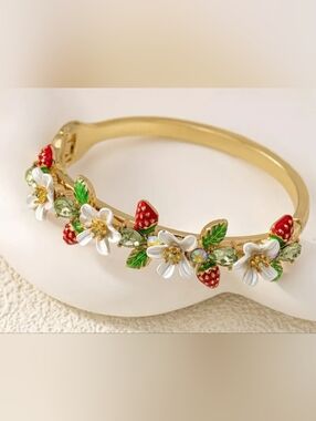 Floral Strawberry Bracelet with Enamel Flowers